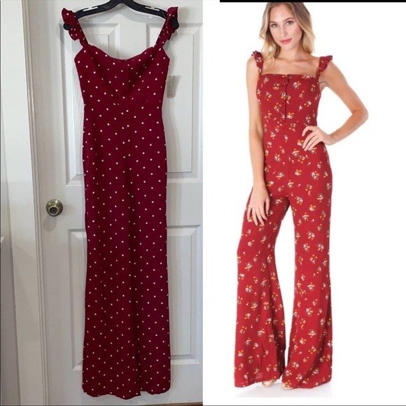 Flynn Skye Pants - Flynn Skye Womens Sz Small Bardot Polka dot Red Jumpsuit